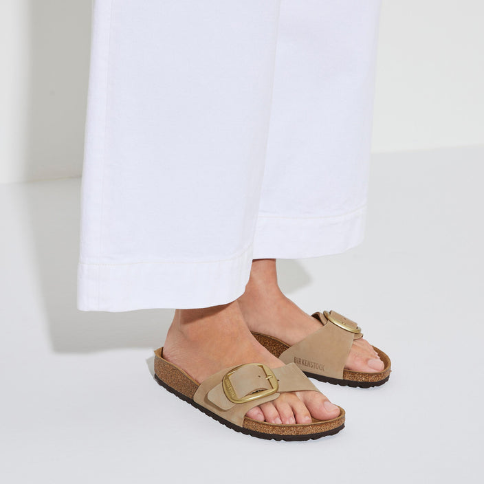 Birkenstock Madrid Big Buckle Sandcastle Nubuck Leather on model 2