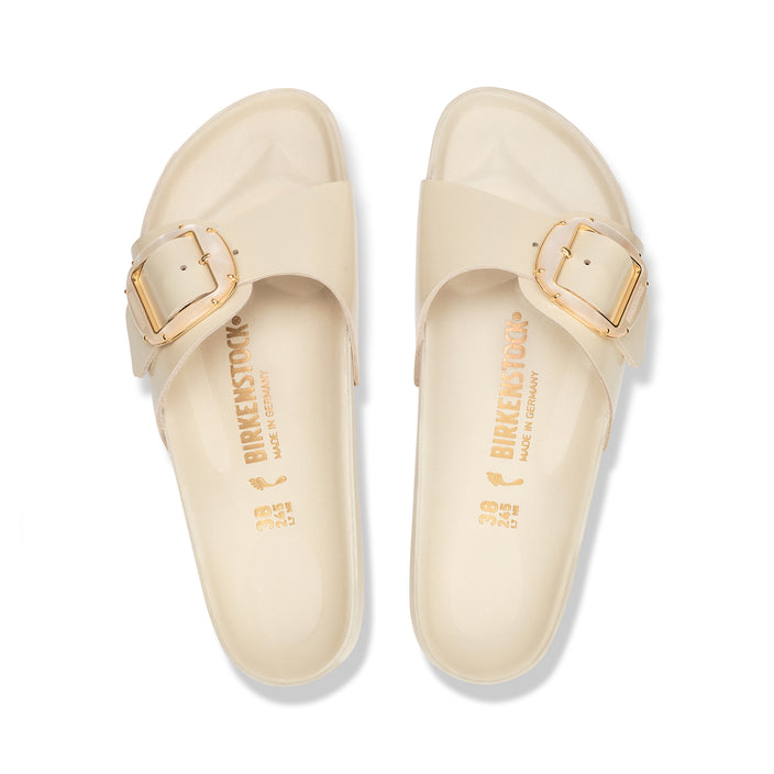 Birkenstock Madrid Pearl Big Buckle High Shine Ecru Natural Leather Patent top view