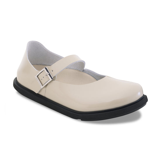 Birkenstock Mantova Droplet Buckle High Shine Oyster Natural Leather Patent 