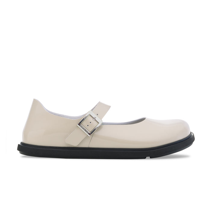 Birkenstock Mantova Droplet Buckle High Shine Oyster Natural Leather Patent side view