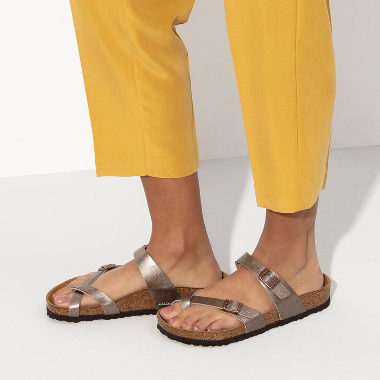 Birkenstock Mayari Graceful Taupe Birko Flor on model 2