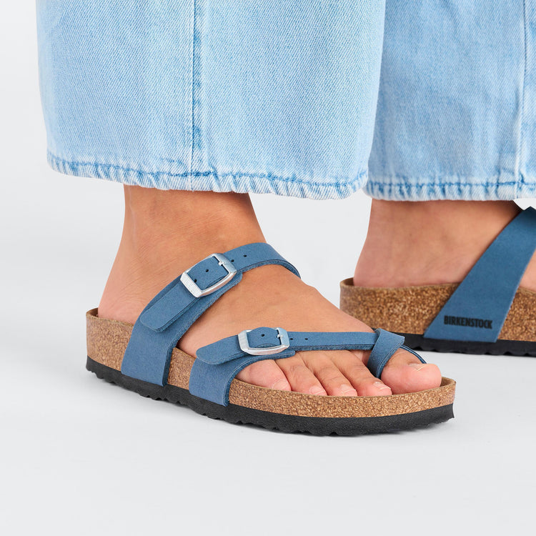 Birkenstock Mayari Vegan Elemental Blue Synthetic Soft Birki on model 2