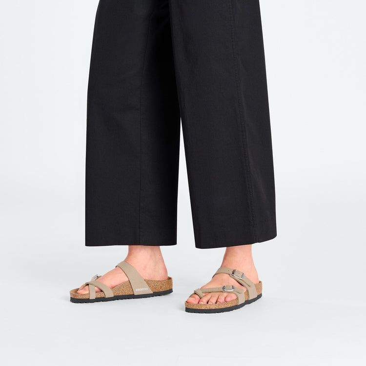Birkenstock Mayari Vegan Grey Taupe Synthetic Soft Birki on model 1