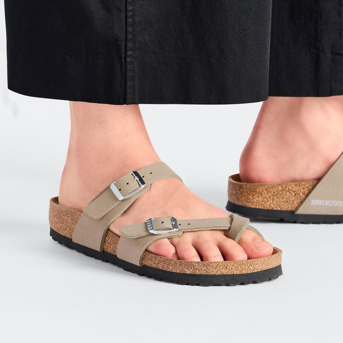 Birkenstock Mayari Vegan Grey Taupe Synthetic Soft Birki on model 2