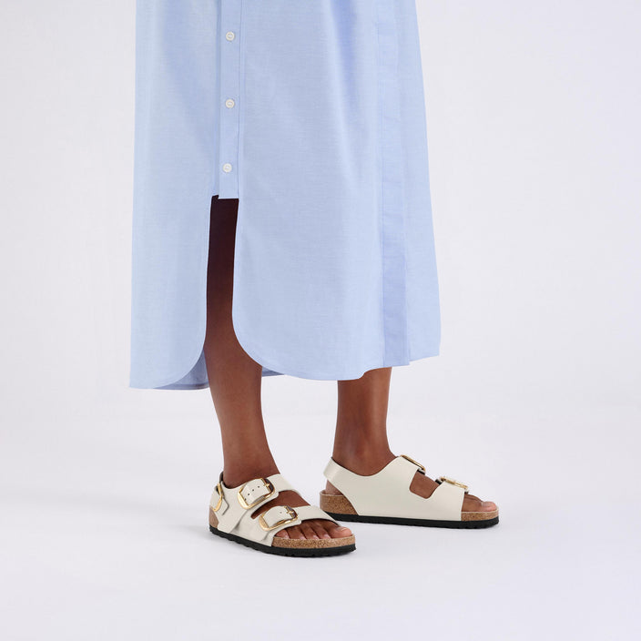 Birkenstock Milano Big Buckle High Shine Ecru Natural Leather Patent on model 1