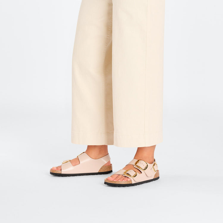 Birkenstock Milano Big Buckle High Shine New Beige Natural Leather Patent on model 1