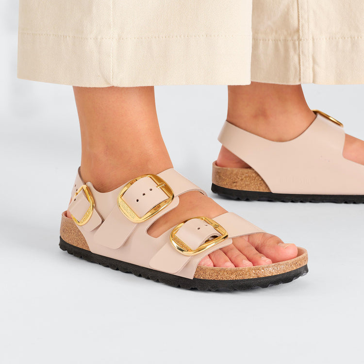 Birkenstock Milano Big Buckle High Shine New Beige Natural Leather Patent on model 2