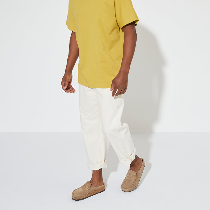Birkenstock Australia Naples Taupe Suede Leather on model 