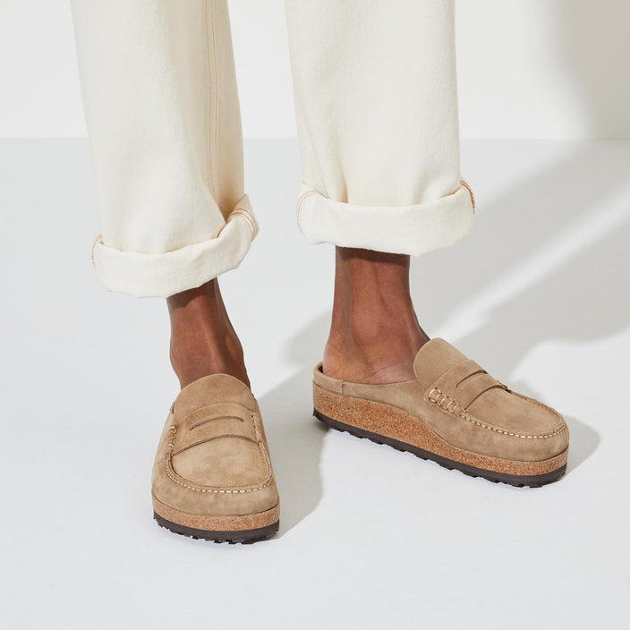 Birkenstock Australia Naples Taupe Suede Leather on model close up