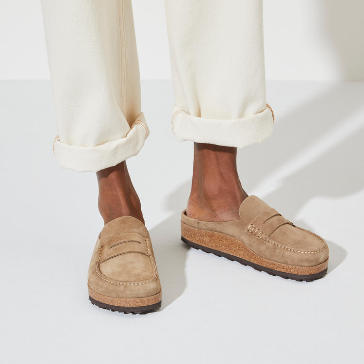 Birkenstock Australia Naples Taupe Suede Leather on model close up