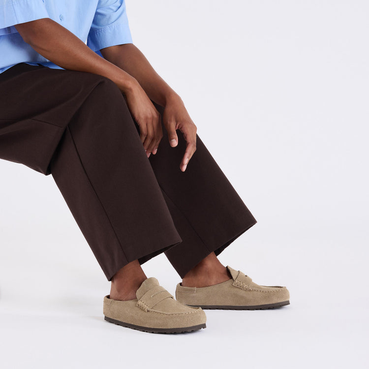 Birkenstock Naples Wrapped Taupe Suede Leather on model 1