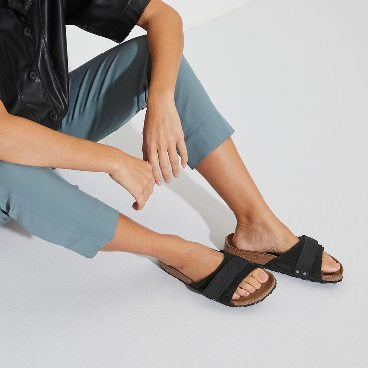 Birkenstock Oita Black Suede Leather on model 1