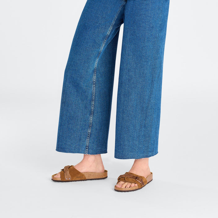 Birkenstock Oita Braided Mink Suede Leather on model 1