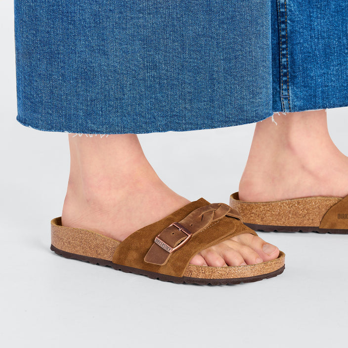 Birkenstock Oita Braided Mink Suede Leather on model 2