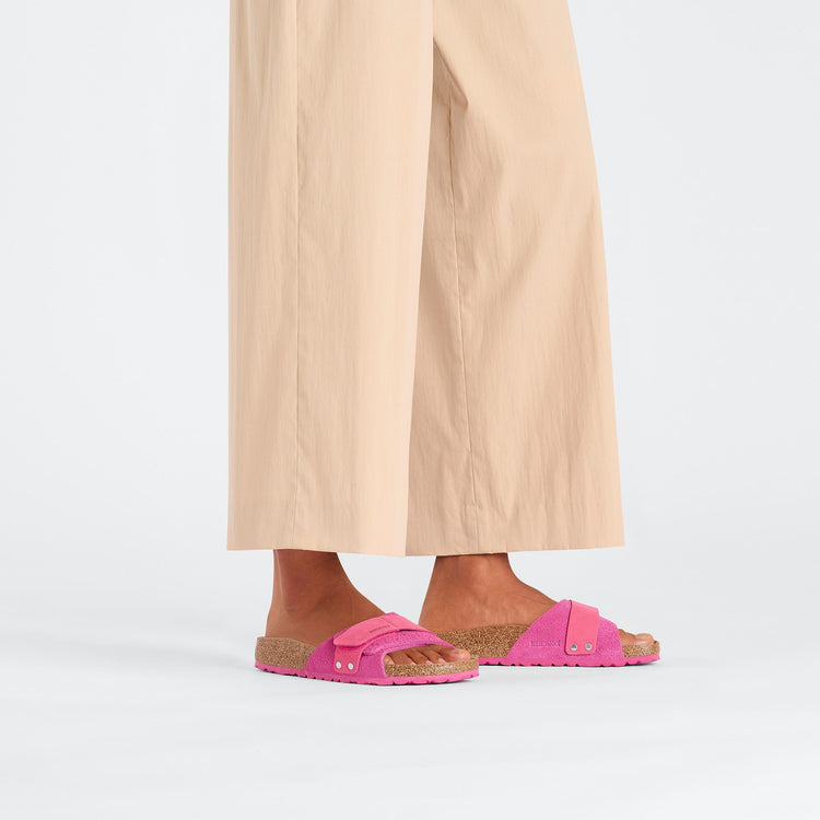 Birkenstock Oita Fuchsia Tulip Nubuck Suede Leather on model 1