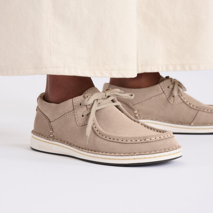 Birkenstock Pasadena Taupe Suede Leather on model 2