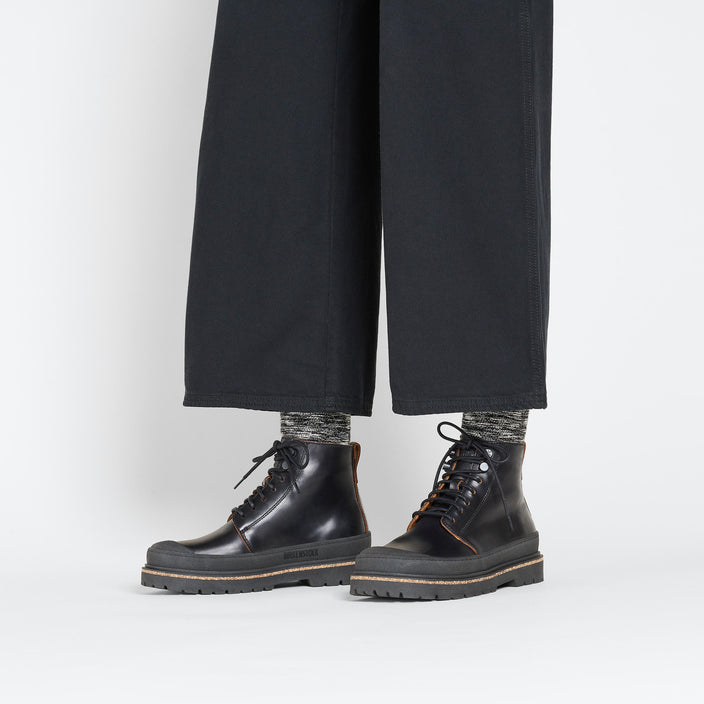 Birkenstock Prescott Womens Black Natural Leather on model 1