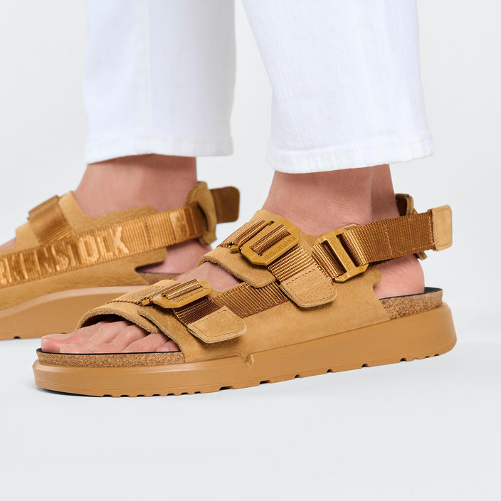 Birkenstock Shinjuku Cork Brown Natural Leather Textile on model 2