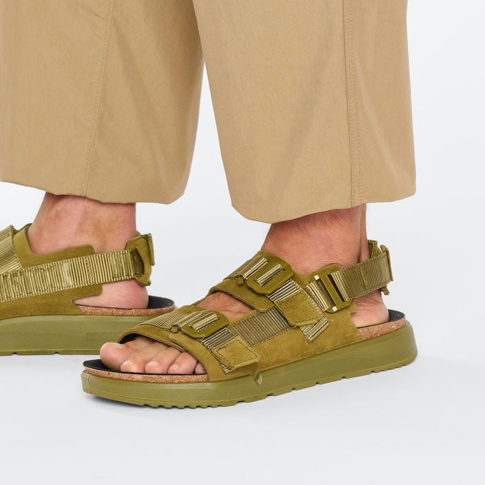 Birkenstock Shinjuku Pine Green Nubuck Leather Textile on model 1