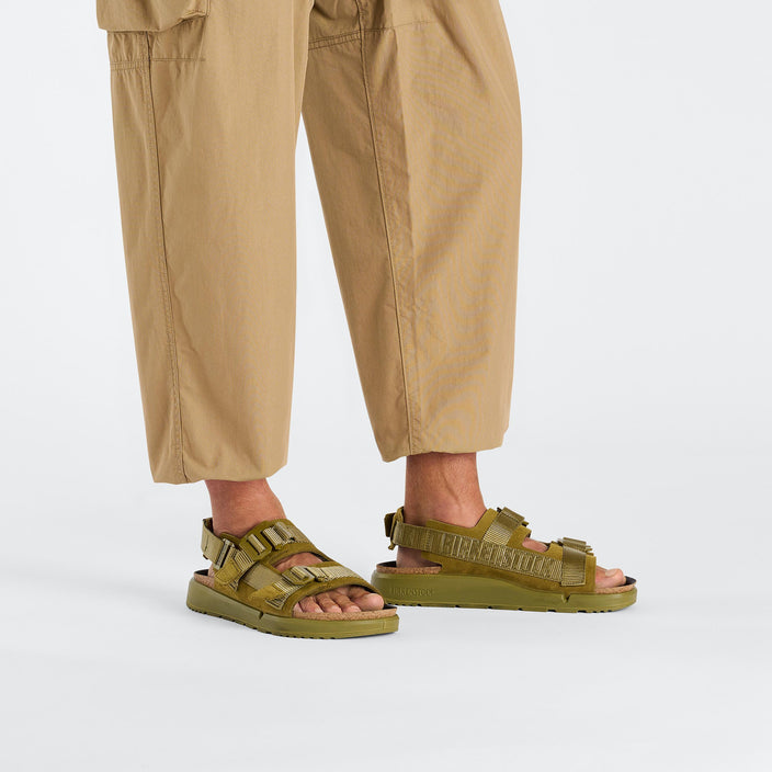 Birkenstock Shinjuku Pine Green Nubuck Leather Textile on model 2