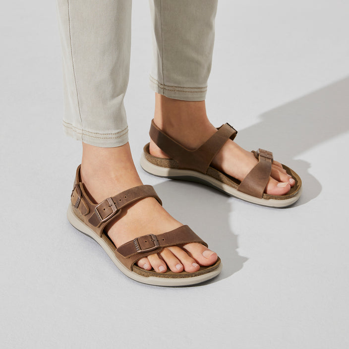 Birkenstock Sonora Cross Town Arctic Ginger Brown Waxy Leather on model 2