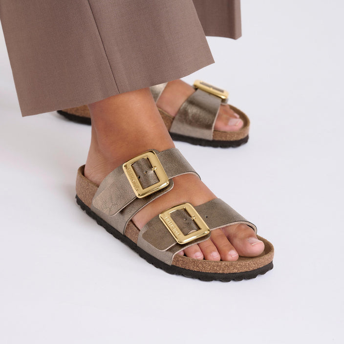 Birkenstock Sydney Cushion Buckle Graceful Taupe Birko Flor on model 2