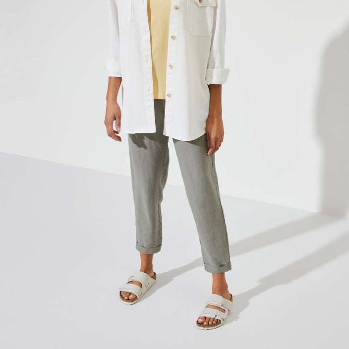 Birkenstock Uji Antique White Suede Leather on model 1