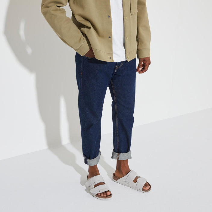 Birkenstock Uji Antique White Suede Leather on model 2