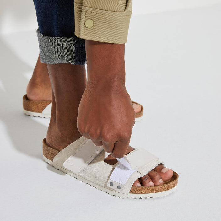 Birkenstock Uji Antique White Suede Leather on model 3
