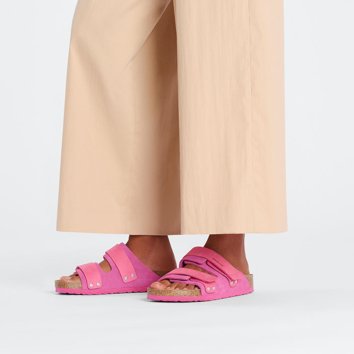 Birkenstock Uji Fuchsia Tulip Nubuck Suede Leather on model 1