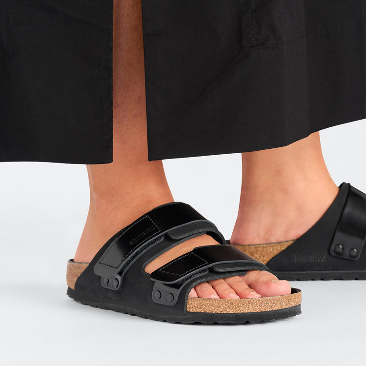 Birkenstock Uji High Shine Black Nubuck Leather on model 2
