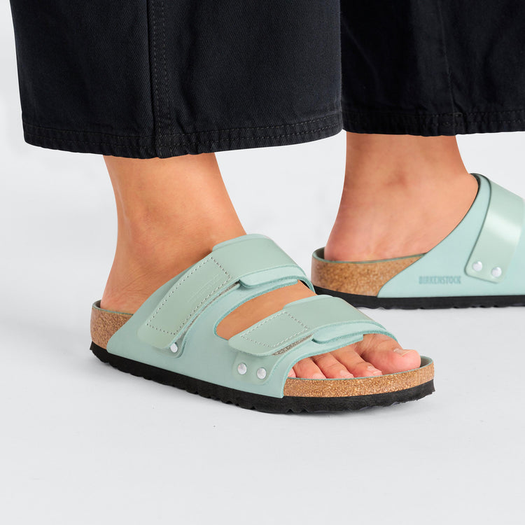 Birkenstock Uji High Shine Surf Green Nubuck Leather on model 2