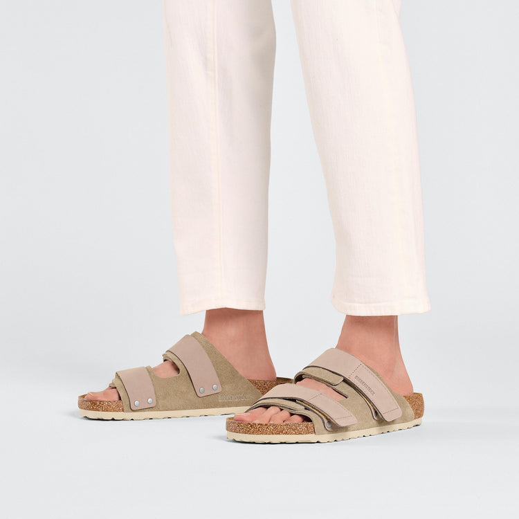 Birkenstock Uji Taupe Nubuck Suede Leather on model 1