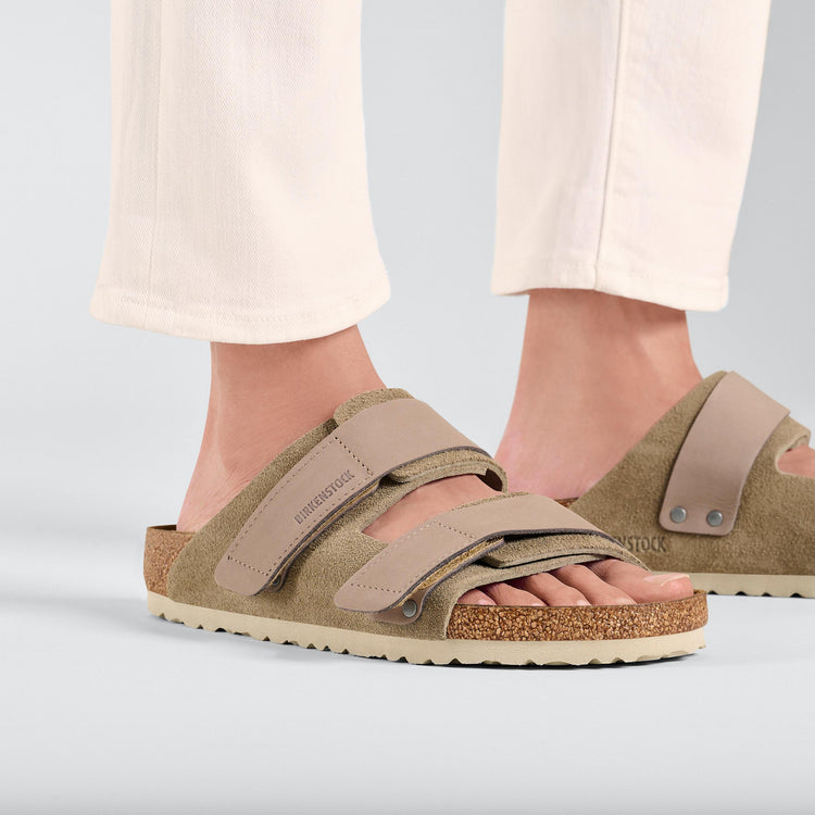 Birkenstock Uji Taupe Nubuck Suede Leather on model 2