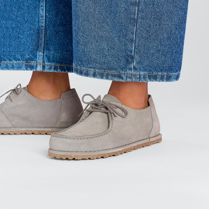 Birkenstock Utti Lace Whale Grey Suede Leather on model 2