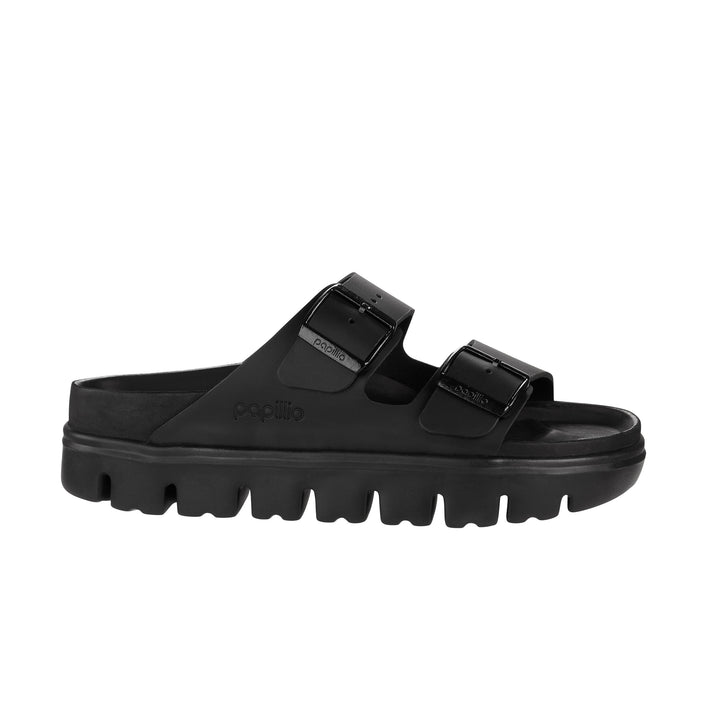 Birkenstock Arizona Chunky Equisite Leather in Black by Papillio. Side view.