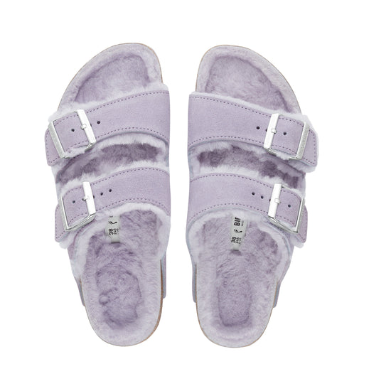 Birkenstock Arizona Shearling Suede Leather Shearling Purple Fog top view                 