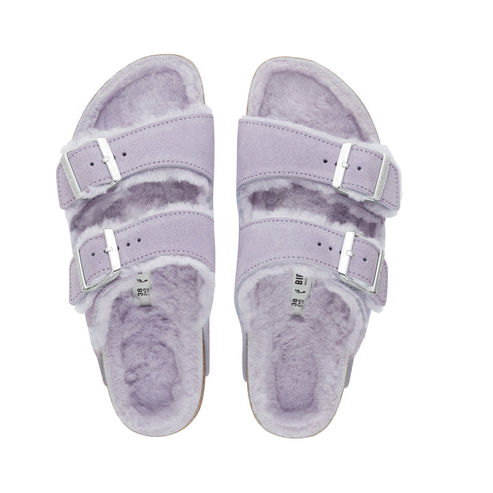 Birkenstock Arizona Shearling Suede Leather Shearling Purple Fog top view                 