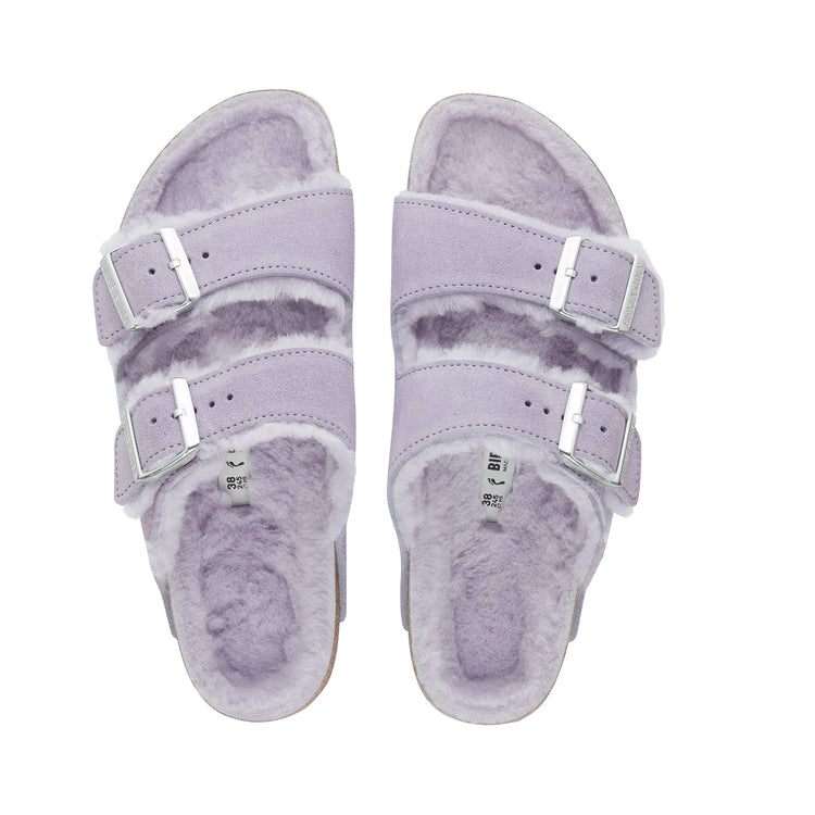 Birkenstock Arizona Shearling Suede Leather Shearling Purple Fog top view                 